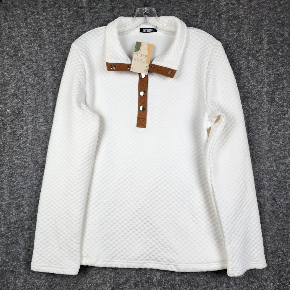 BTFBM Quilted Pullover Mens Size‎ M White Brown Snap Neck Long Sleeve Sweater